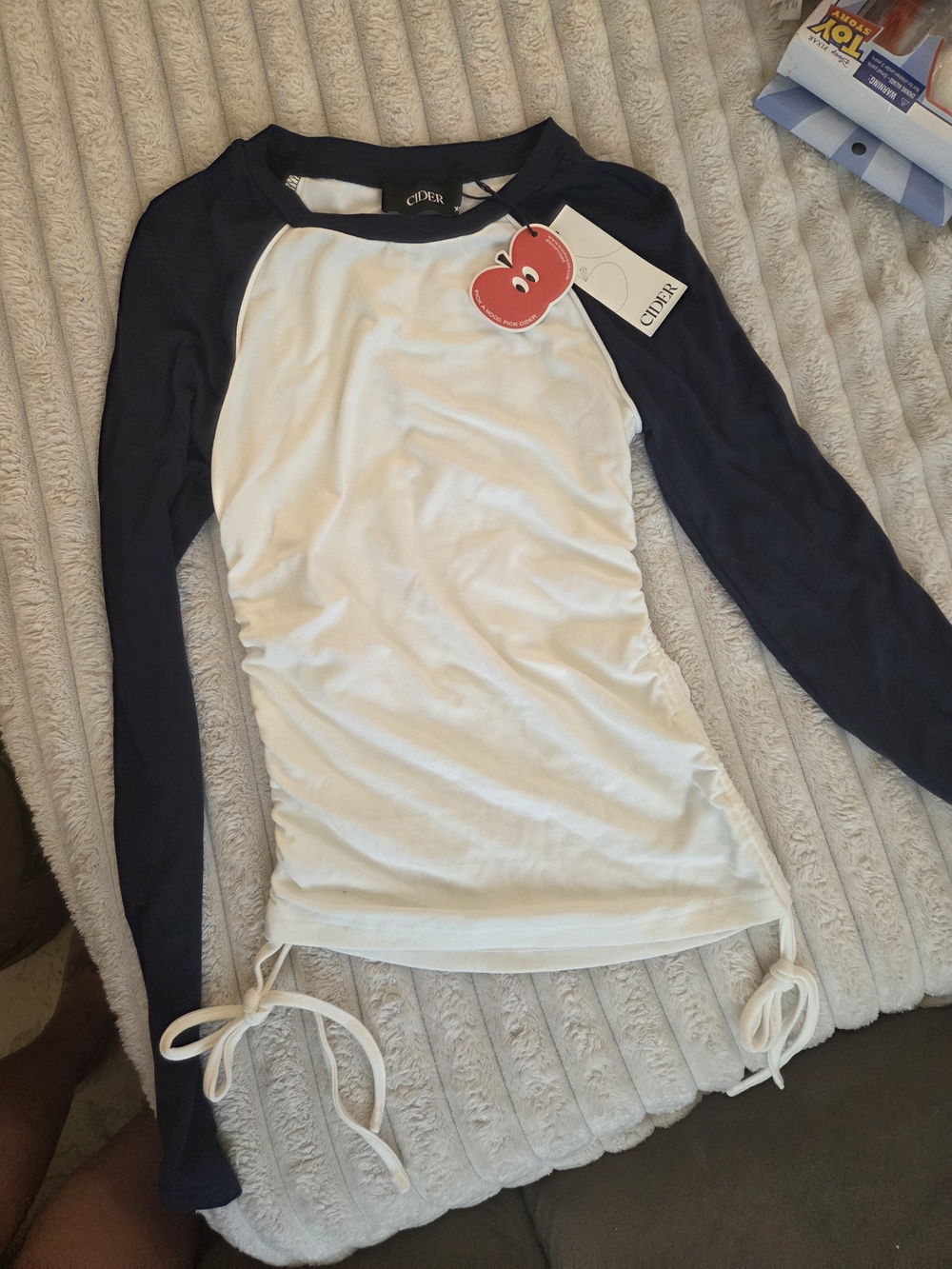 Cider White and Navy Raglan Long-Sleeve with Side Drawstrings